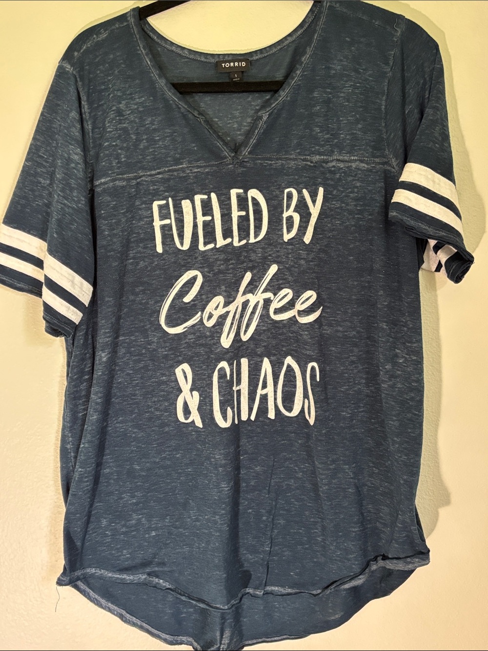 torrid Blue 'Fueled by Coffee & Chaos' Tee with White Stripes